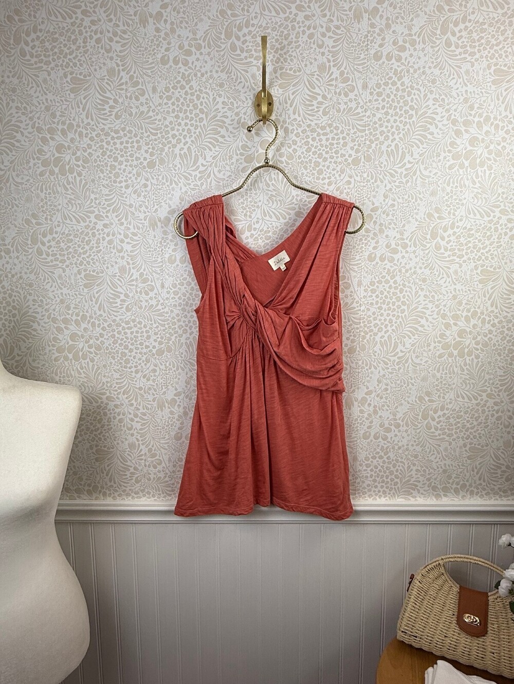Deletta by Anthropologie Coral Twist and Flounce Cotton Top - Size - Small